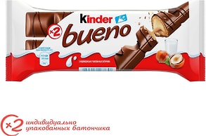 Изображение товара Вафли Kinder Bueno покрытые молочным шоколадом c молочно-ореховой начинкой 43г