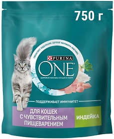 Изображение товара Сухой корм для кошек Purina ONE для чувствительного пищеварения с индейкой 750г