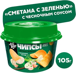 Изображение товара Чипсы Big Bon Сметана с зеленью с чесночным соусом 105г