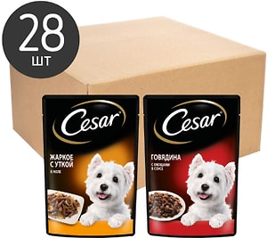 Изображение товара Набор влажных кормов для собак Cesar Два вкуса желе 14шт*85г и ломтики в соусе 14шт*85г