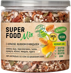 Изображение товара Смесь семян Царская приправа Superfood mix с курагой яблоком и миндалем 270г