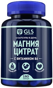 Изображение товара БАД GLS Pharmaceuticals Магния цитрат с витамином B6 500мг 180 капсул