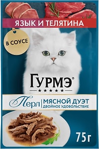 Изображение товара Влажный корм для кошек Гурмэ Перл Мясной Дуэт с языком и телятиной 75г