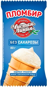 Изображение товара Мороженое пломбир Чистая Линия без сахарозы с ароматом ванили в вафельном стаканчике 12% 80г