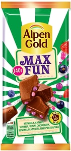 Изображение товара Шоколад Alpen Gold Max Fan Молочный Клубника Малина Черника Черная смородина Шипучие рисовые шарики Взрывная карамель 140г