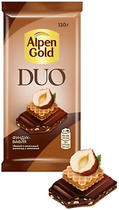 Изображение товара Шоколад Alpen Gold Темный и молочный Duo Фундук-Вафля 130г