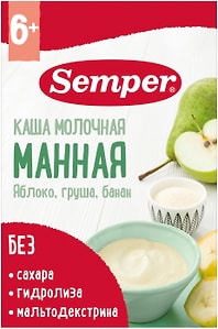 Изображение товара Каша Semper Манная с яблоком грушей и бананом молочная с 6 месяцев 180г