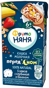 Изображение товара Каша ФрутоНяня Молочная 5 злаков с клубникой и бананом с 6 месяцев 200мл