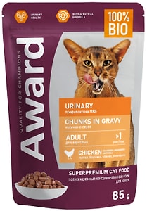 Изображение товара Влажный корм для кошек Award Urinary для профилактики мочекаменной болезни кусочки в соусе с курицей 85г