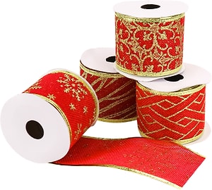 Изображение товара Набор новогодних лент Miland Красный с золотым принтом 6.3см*2.7м 16шт