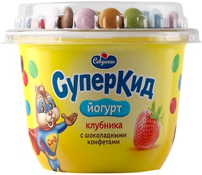 Изображение товара Йогурт Савушкин СуперКид Клубника с шоколадными конфетами 2% 103г