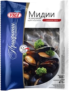 Изображение товара Мидии Vici чилийские в ракушках варено-мороженые в винном соусе 500г