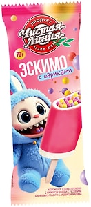 Изображение товара Мороженое Чистая Линия эскимо пломбир с ароматом ванили с рисовыми шариками в глазури с ароматом малины 12% 70г