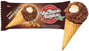 Изображение товара Мороженое Чистая Линия Пломбир ванильный с миндалем в рожке 12% 90г