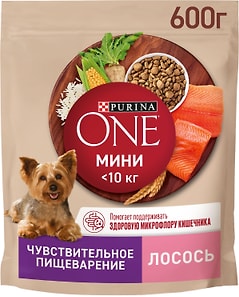 Изображение товара Сухой корм для собак Purina ONE для мелких пород с чувствительным пищеварением с лососем и рисом 600г