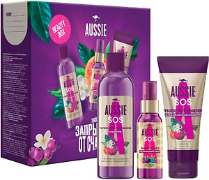 Изображение товара Подарочный набор Aussie SOS Глубокое восстановление Шампунь для волос 290мл + Бальзам для волос 200мл + Спрей термозащитный 100мл