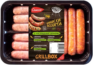 Изображение товара Колбаски Самсон Grillbox ассорти Чоризо Нюрнбергские Альпийские 400г