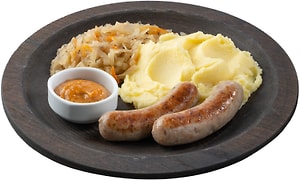 Изображение товара Колбаски Creative Kitchen По-нюрнбергски с картофельным пюре капустой по-баварски и горчичным соусом 330г