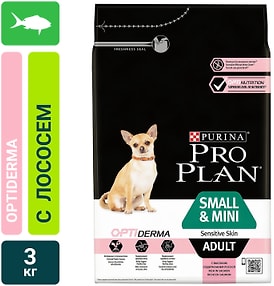 Изображение товара Сухой корм для собак Pro Plan Optiderma Small&Mini Adult Sensitive Skin для мелких пород для здоровья кожи и шерсти с лососем 3кг