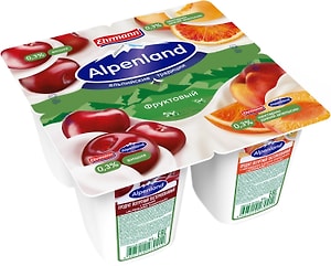 Изображение товара Продукт йогуртный Alpenland Вишня Нектарин-дикий апельсин 0.3% 4шт*95г