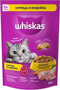 Изображение товара Сухой корм для кошек Whiskas Вкусные подушечки полнорационный с нежным паштетом Аппетитное ассорти с курицей и индейкой 350г