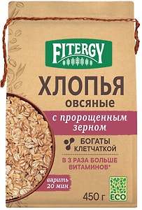 Изображение товара Хлопья Fitergy с пророщенным зерном овсяные цельнозерновые 450г