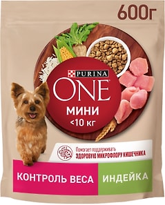 Изображение товара Сухой корм для собак Purina ONE для мелких пород склонных к набору веса с индейкой и рисом 600г