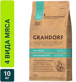 Изображение товара Сухой корм для собак Grandorf Adult Medium & Maxi для средних и крупных пород 4 вида мяса 10кг