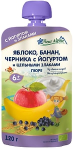 Изображение товара Пюре Fleur Alpine Organic Яблоко банан черника с йогуртом с 6 месяцев 120г