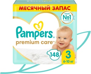Изображение товара Подгузники Pampers Premium Care 3 размер / 6-10кг ультрамягкие 148шт