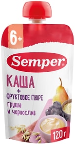 Изображение товара Фруктово-зерновое пюре Semper Грушево-черносливовое с кашей с 6 месяцев 120г