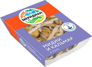 Изображение товара Мидии и кальмар Меридиан в желе с зеленью 200г