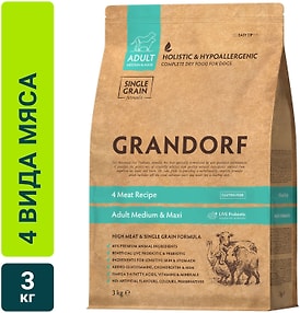 Изображение товара Сухой корм для собак Grandorf Adult Medium & Maxi для средних и крупных пород 4 вида мяса 3кг