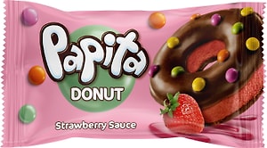 Изображение товара Кекс Papita Donut с какао-глазурью клубничной начинкой и цветным драже 40г