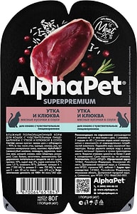 Изображение товара Влажный корм для кошек Alphapet Superpremium Утка и клюква для чувствительного пищеварения 80г