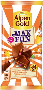 Изображение товара Шоколад Alpen Gold Max Fan Молочный Манго Ананас Маракуйя Шипучие рисовые шарики Взрывная карамель 140г