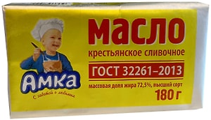 Изображение товара Масло сливочное Амка Крестьянское 72.5% 180г