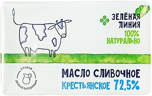 Изображение товара Масло сладко-сливочное Зеленая Линия Крестьянское несоленое 72.5% 180г