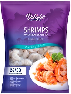 Изображение товара Креветки Delight Королевские 26/30 очищенные с хвостом сыромороженые 850г