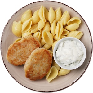 Изображение товара Котлета Cook Chart рыбная из фарша минтая с макаронами и соусом тартар 220г