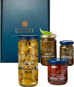 Изображение товара Подарочный набор Gustoria Брускетта с томатами 210мл + Каперсы 100г + Оливки + Песто с базиликом 190г