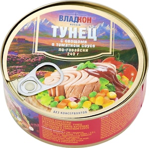 Изображение товара Тунец Владкон с овощами в томатном соусе по-Гавайски 240г