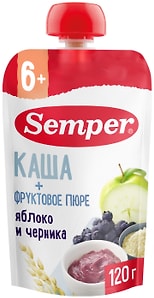 Изображение товара Фруктово-зерновое пюре Semper Яблочно-черничное с кашей с 6 месяцев 120г
