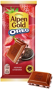 Изображение товара Шоколад Alpen Gold Нежная клубника Молочный с клубничной начинкой и печеньем Орео 85г