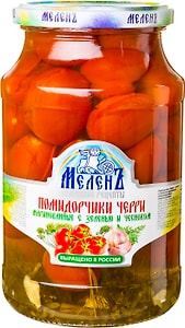 Изображение товара Помидоры Меленъ Черри маринованные с зеленью и чесноком 940г
