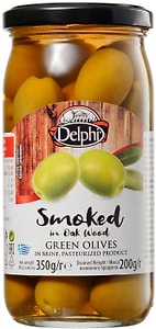 Изображение товара Оливки Delphi с косточкой копченые на дубовых опилках в рассоле 350г