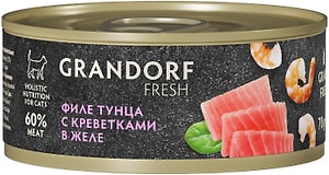 Изображение товара Влажный корм для кошек Grandorf fresh Филе тунца с креветками в желе 70г