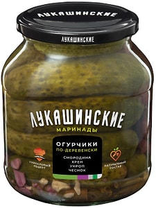 Изображение товара Огурчики Лукашинские маринованные по-деревенски с хреном и смородиной 670г