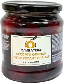 Изображение товара Оливки Оливатека Супер Гигант ассорти пряное с косточкой в рассоле с маслом 460г