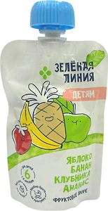 Изображение товара Пюре Зеленая Линия Яблоко банан клубника ананас гомогенизированное с 6 месяцев 90г